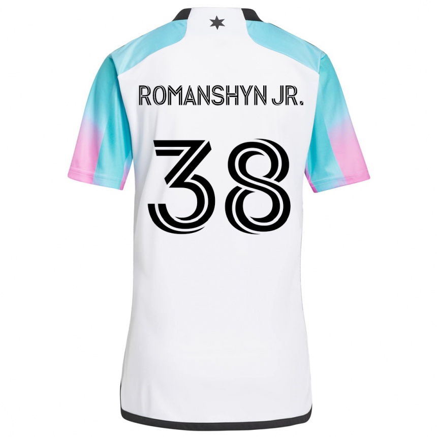 Enfant Football Maillot Kage Romanshyn Jr. #38 Blanc Bleu Noir Tenues Extérieur 2024/25