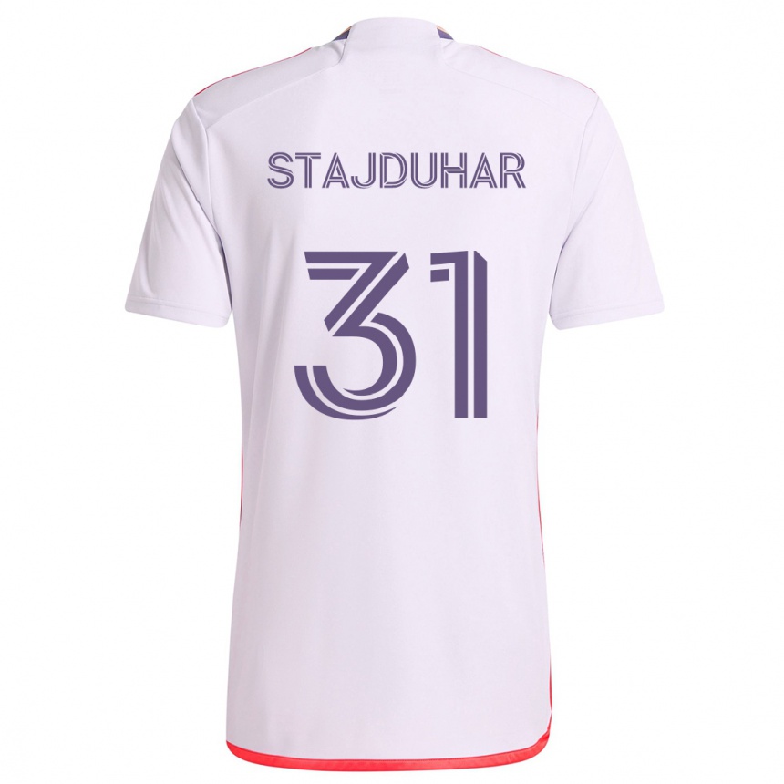 Enfant Football Maillot Mason Stajduhar #31 Blanc Rouge Violet Tenues Extérieur 2024/25