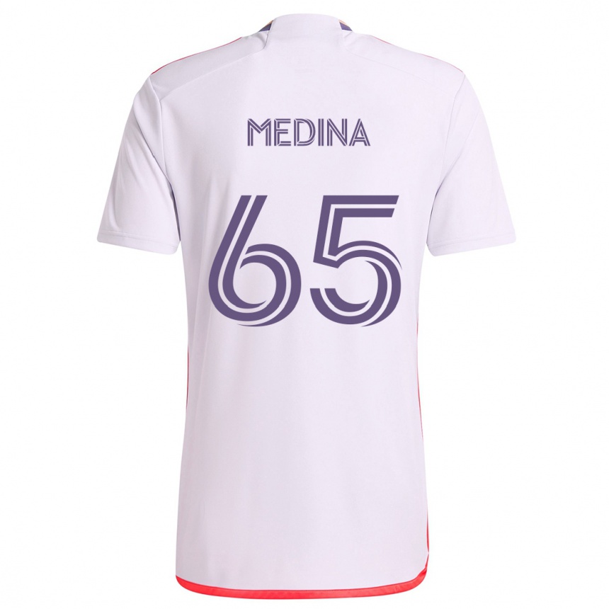 Enfant Football Maillot Cristian Medina #65 Blanc Rouge Violet Tenues Extérieur 2024/25