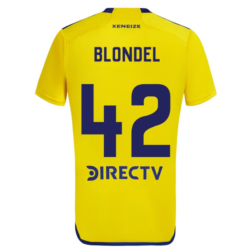 Enfant Football Maillot Lucas Blondel #42 Jaune Bleu Tenues Extérieur 2024/25