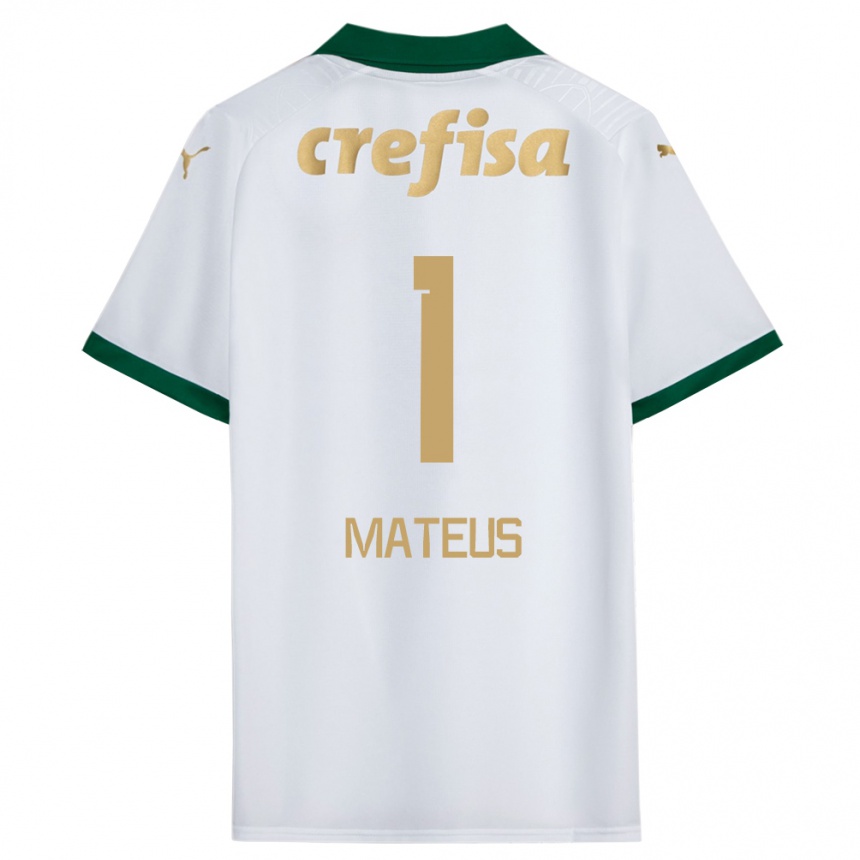 Enfant Football Maillot Mateus #1 Blanc Vert Tenues Extérieur 2024/25