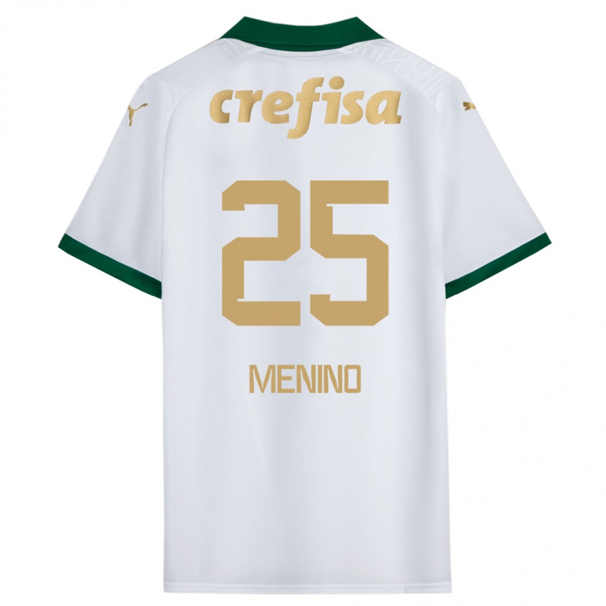 Enfant Football Maillot Gabriel Menino #25 Blanc Vert Tenues Extérieur 2024/25