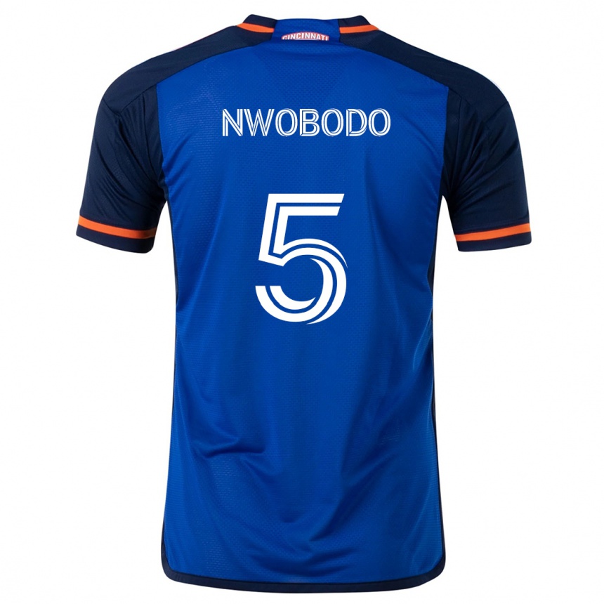 Homme Football Maillot Obinna Nwobodo #5 Bleu Blanc Tenues Domicile 2024/25