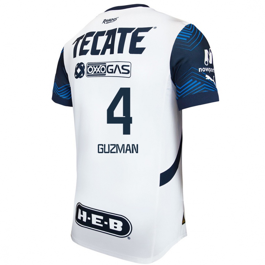 Enfant Football Maillot Víctor Guzmán #4 Blanc Bleu Tenues Extérieur 2024/25