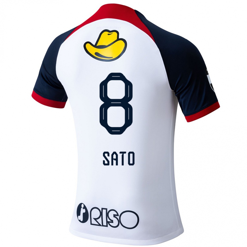 Enfant Football Maillot Yuto Sato #8 Blanc Bleu Rouge Tenues Extérieur 2024/25