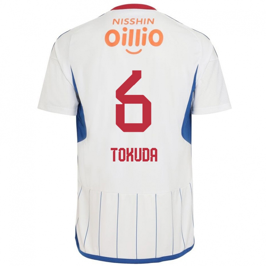 Enfant Football Maillot Yuma Tokuda #6 Blanc Bleu Rouge Tenues Extérieur 2024/25