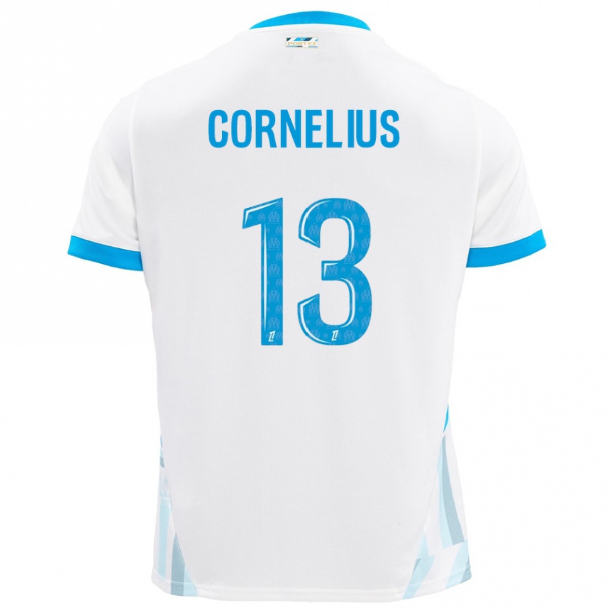 Enfant Football Maillot Derek Cornelius #13 Blanc Bleu Ciel Tenues Domicile 2024/25