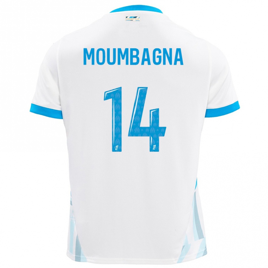 Enfant Football Maillot Faris Moumbagna #14 Blanc Bleu Ciel Tenues Domicile 2024/25