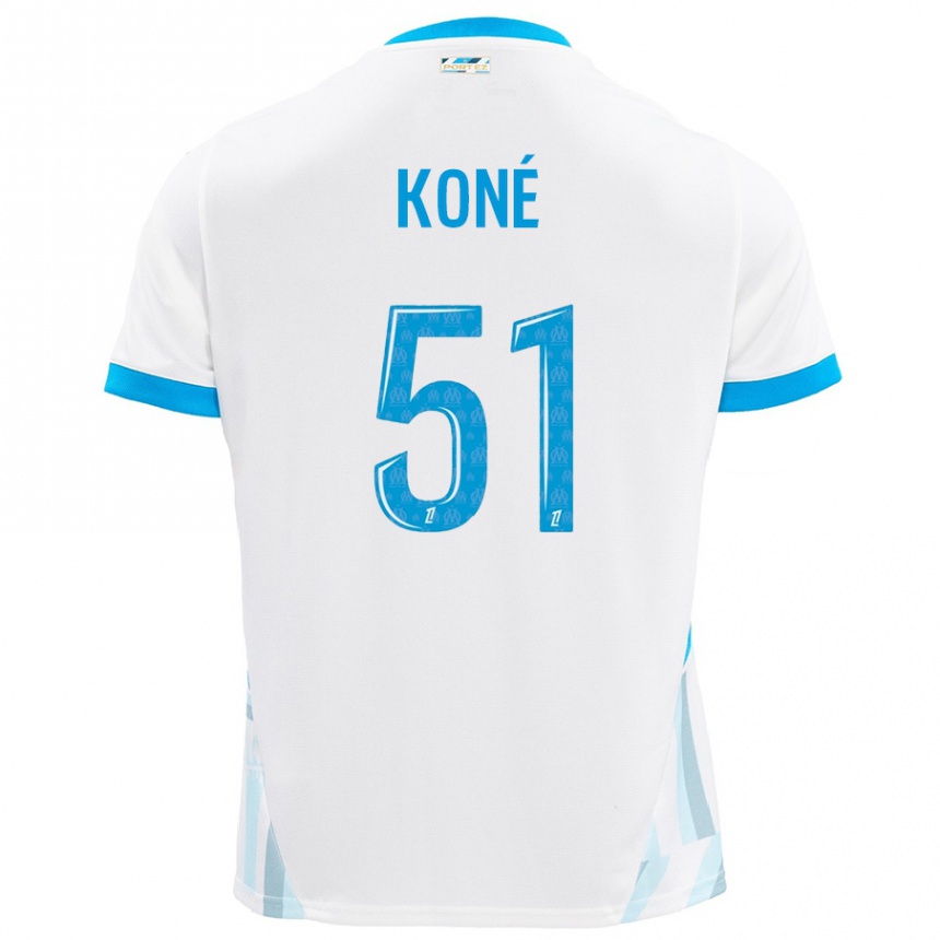 Enfant Football Maillot Ismaël Koné #51 Blanc Bleu Ciel Tenues Domicile 2024/25