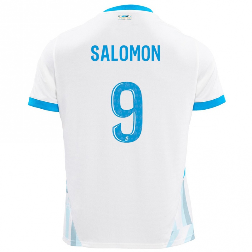 Enfant Football Maillot Maeva Salomon #9 Blanc Bleu Ciel Tenues Domicile 2024/25