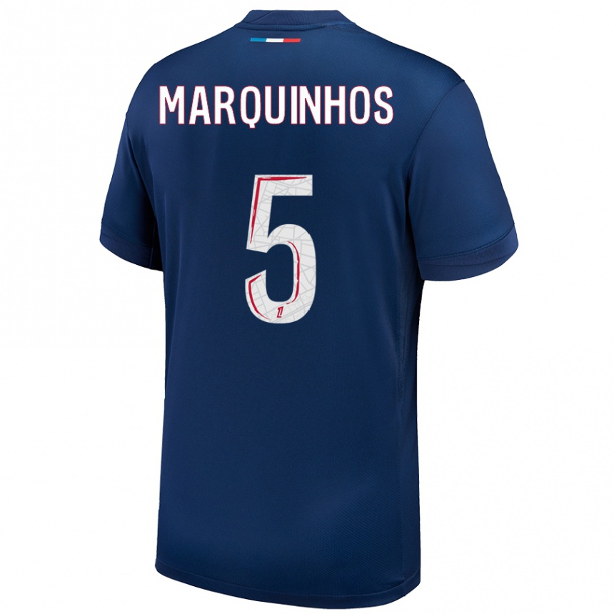 Enfant Football Maillot Marquinhos #5 Bleu Marine Blanc Tenues Domicile 2024/25