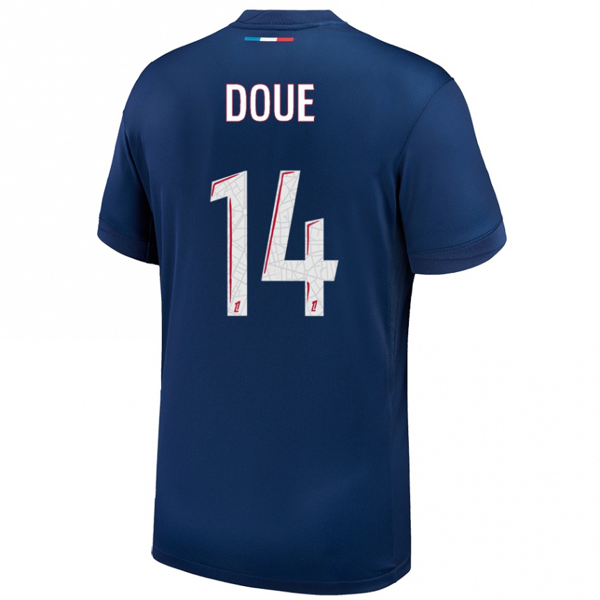 Enfant Football Maillot Désiré Doué #14 Bleu Marine Blanc Tenues Domicile 2024/25