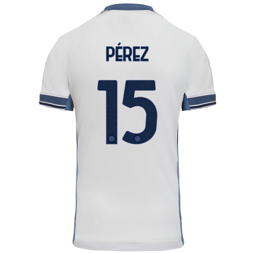 Enfant Football Maillot Álex Pérez #15 Blanc Gris Tenues Extérieur 2024/25