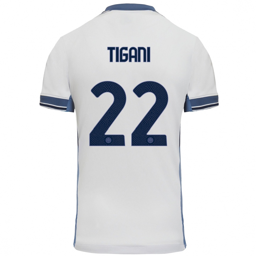 Enfant Football Maillot Edoardo Tigani #22 Blanc Gris Tenues Extérieur 2024/25