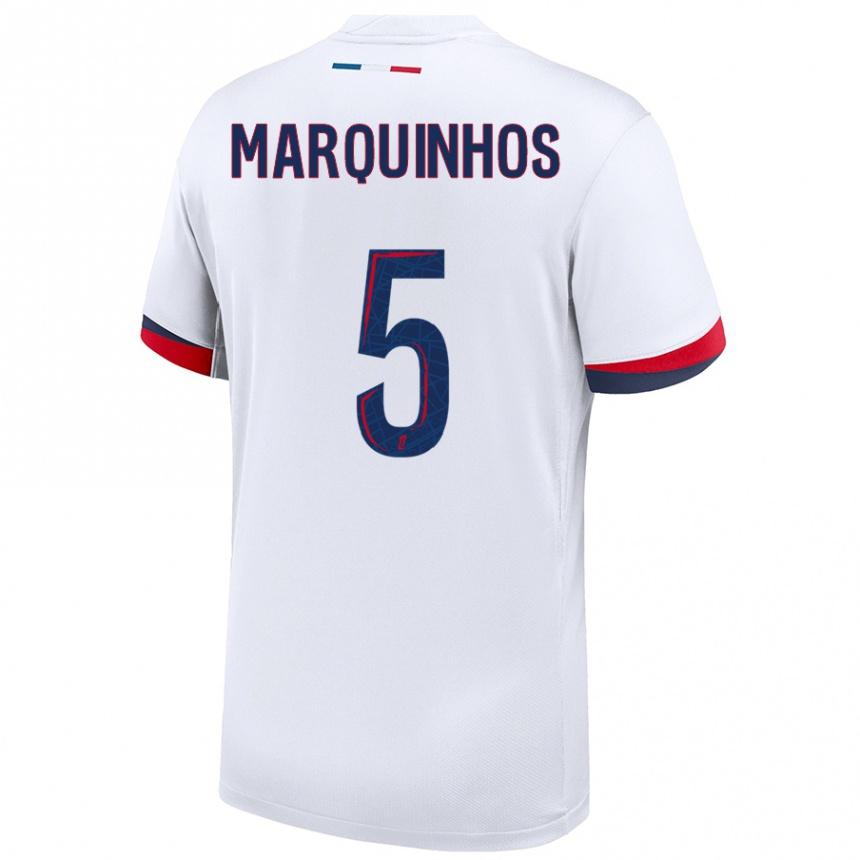 Enfant Football Maillot Marquinhos #5 Blanc Bleu Rouge Tenues Extérieur 2024/25