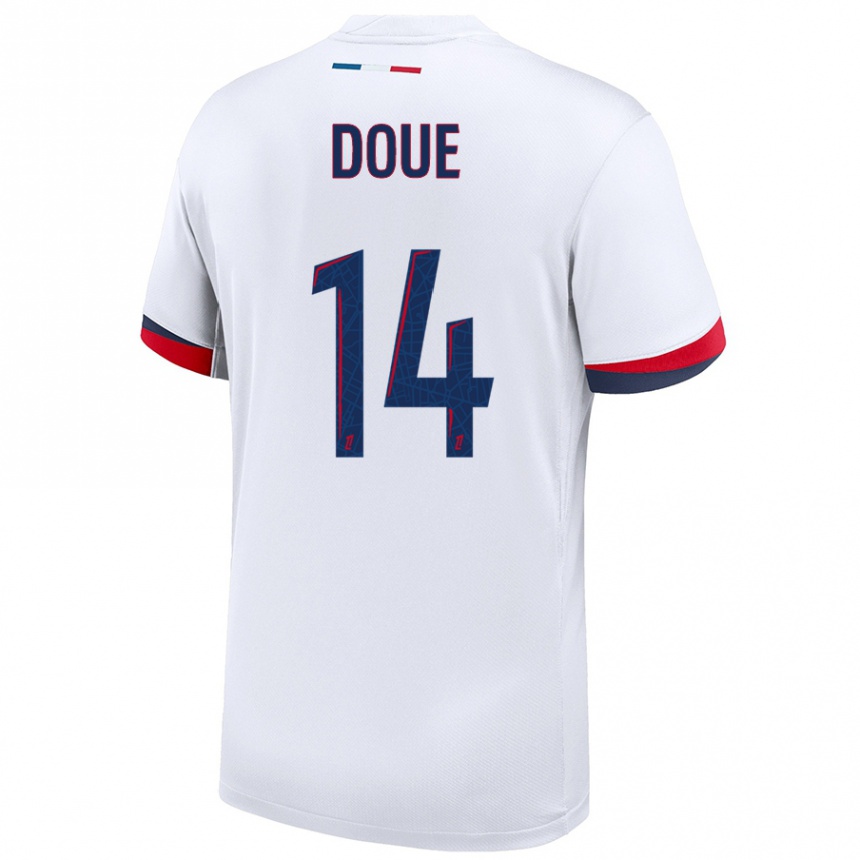 Enfant Football Maillot Désiré Doué #14 Blanc Bleu Rouge Tenues Extérieur 2024/25