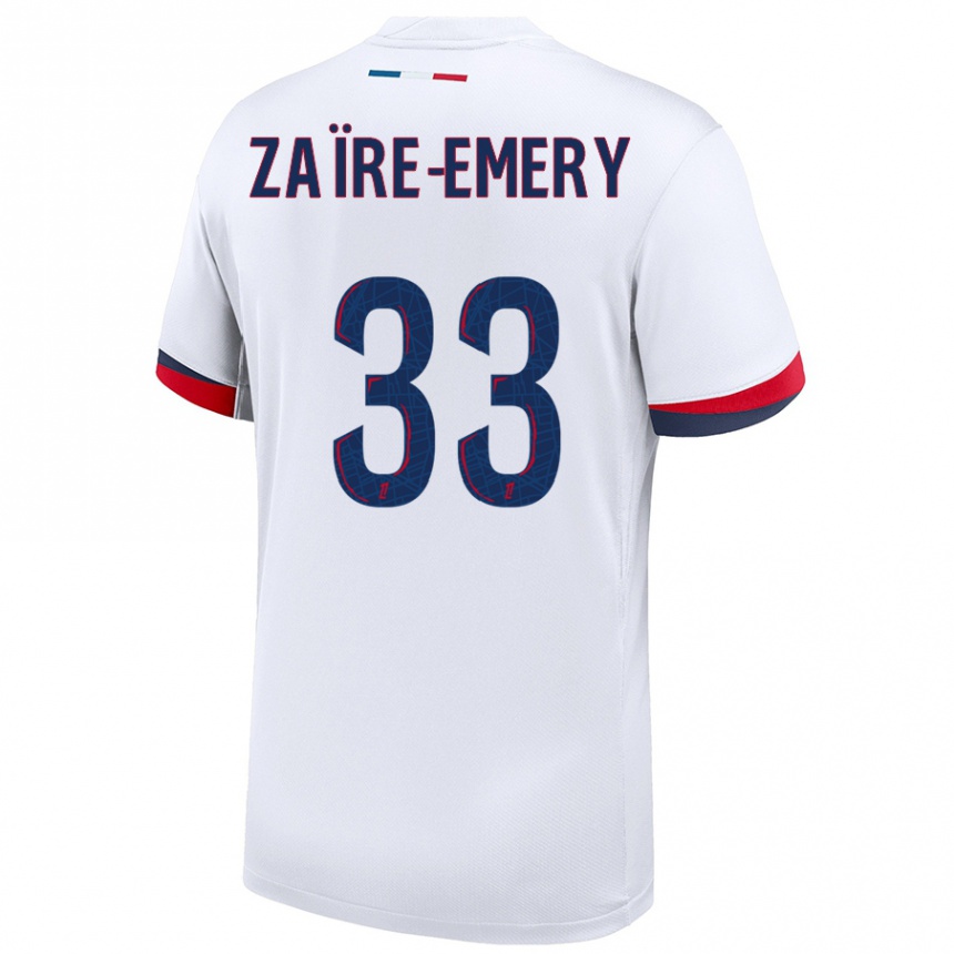 Enfant Football Maillot Warren Zaire Emery #33 Blanc Bleu Rouge Tenues Extérieur 2024/25