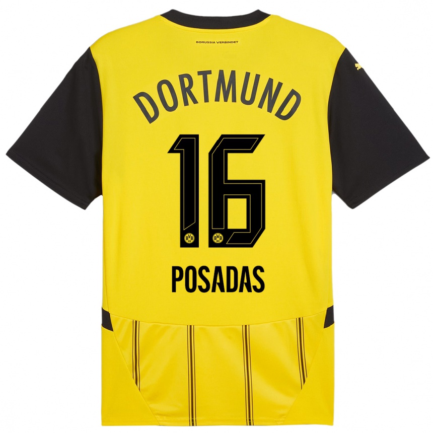 Enfant Football Maillot Leonardo Posadas #16 Jaune Noir Tenues Domicile 2024/25