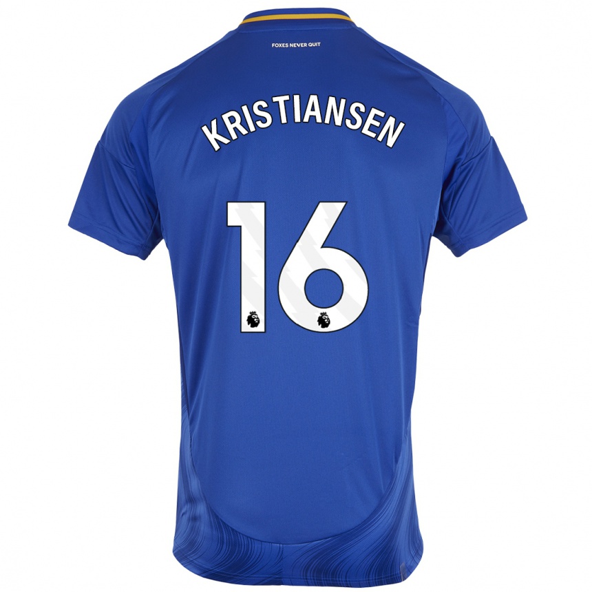 Enfant Football Maillot Victor Kristiansen #16 Bleu Blanc Tenues Domicile 2024/25