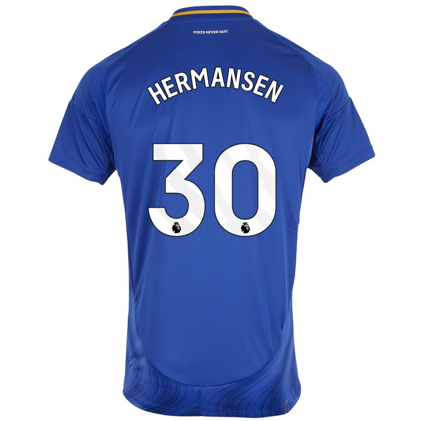 Enfant Football Maillot Mads Hermansen #30 Bleu Blanc Tenues Domicile 2024/25