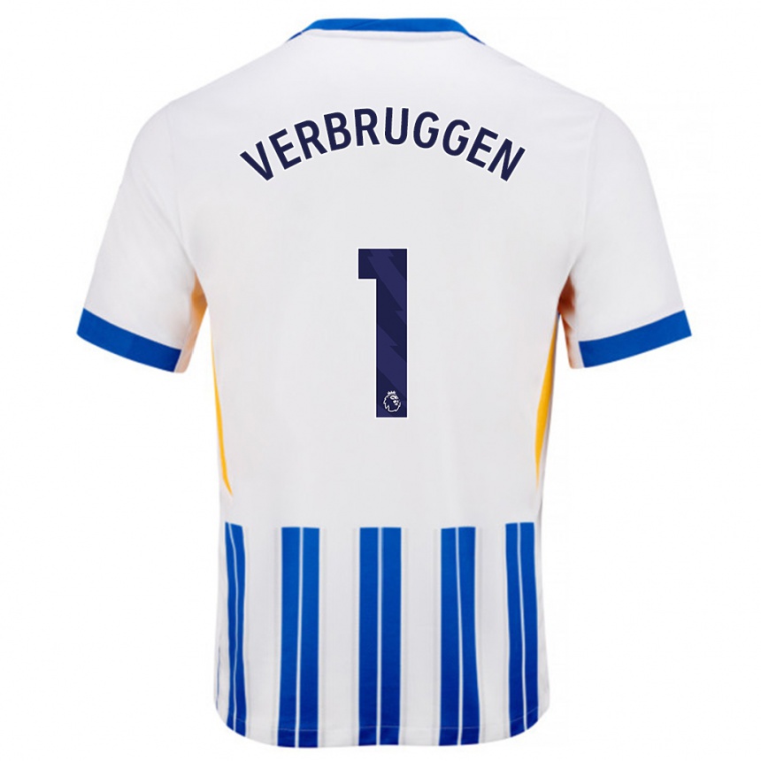 Enfant Football Maillot Bart Verbruggen #1 Blanc Bleu À Rayures Fines Tenues Domicile 2024/25