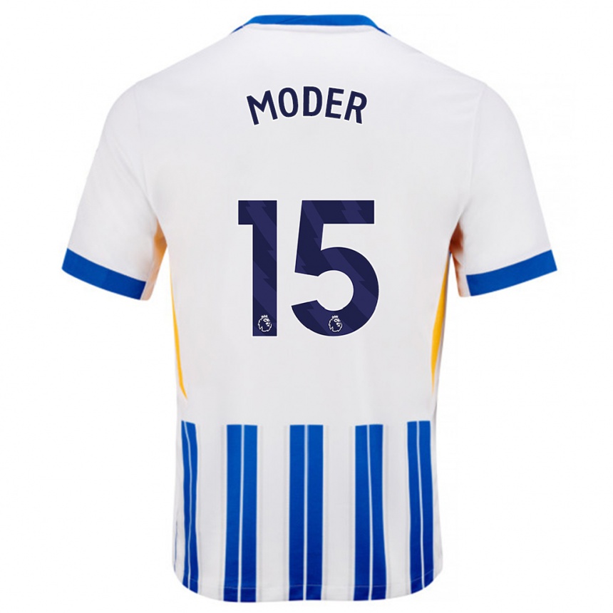 Enfant Football Maillot Jakub Moder #15 Blanc Bleu À Rayures Fines Tenues Domicile 2024/25