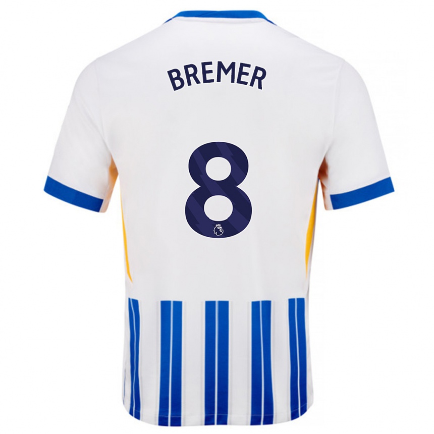 Enfant Football Maillot Pauline Bremer #8 Blanc Bleu À Rayures Fines Tenues Domicile 2024/25