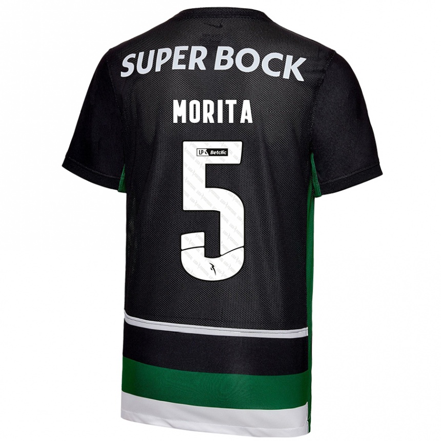 Enfant Football Maillot Hidemasa Morita #5 Noir Blanc Vert Tenues Domicile 2024/25