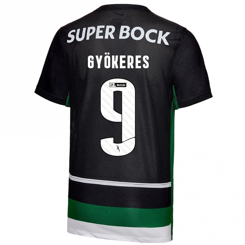 Enfant Football Maillot Viktor Gyökeres #9 Noir Blanc Vert Tenues Domicile 2024/25