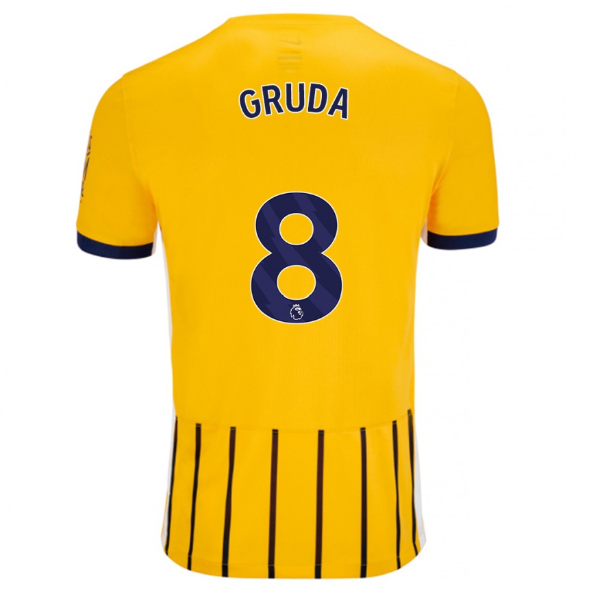 Enfant Football Maillot Brajan Gruda #8 Doré Bleu À Fines Rayures Tenues Extérieur 2024/25