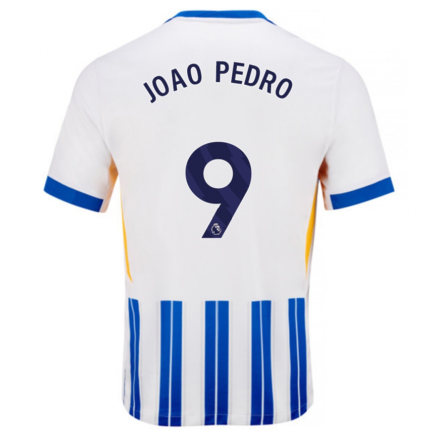 Homme Football Maillot João Pedro #9 Blanc Bleu À Rayures Fines Tenues Domicile 2024/25