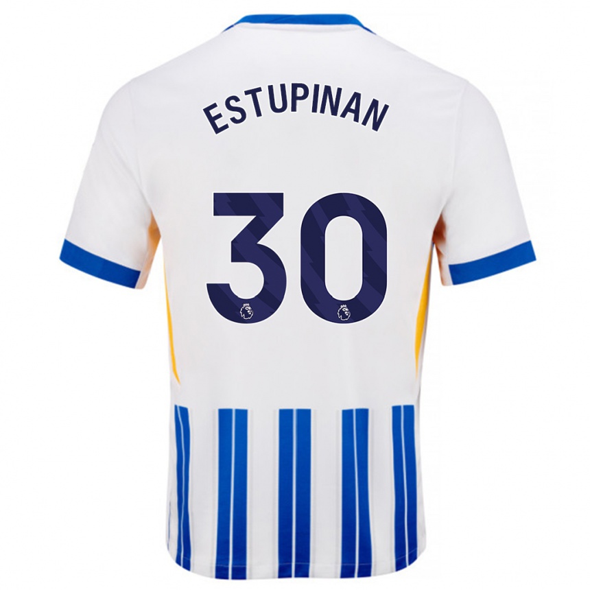 Homme Football Maillot Pervis Estupiñán #30 Blanc Bleu À Rayures Fines Tenues Domicile 2024/25