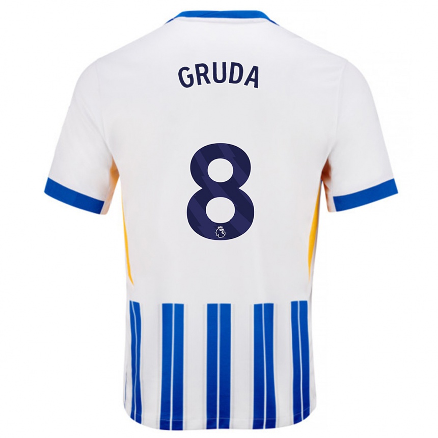 Femme Football Maillot Brajan Gruda #8 Blanc Bleu À Rayures Fines Tenues Domicile 2024/25