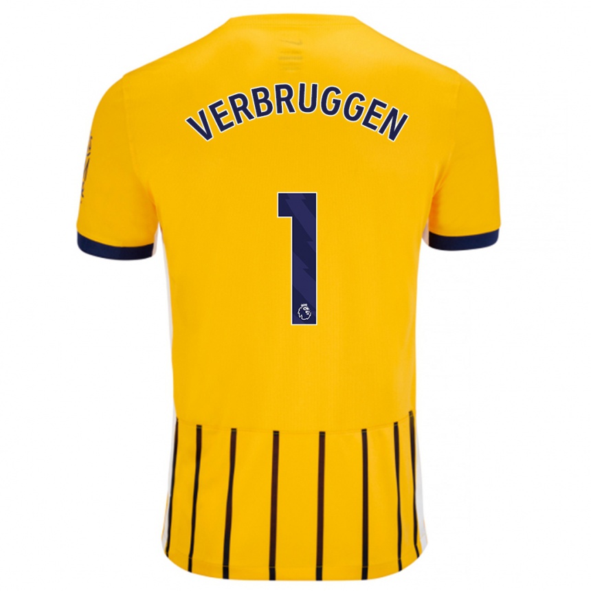 Femme Football Maillot Bart Verbruggen #1 Doré Bleu À Fines Rayures Tenues Extérieur 2024/25