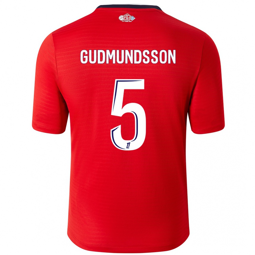 Enfant Football Maillot Gabriel Gudmundsson #5 Rouge Blanc Tenues Domicile 2024/25