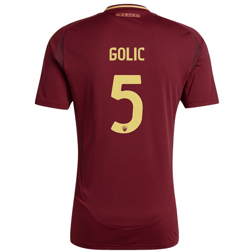 Enfant Football Maillot Lovro Golic #5 Rouge Brun Or Tenues Domicile 2024/25