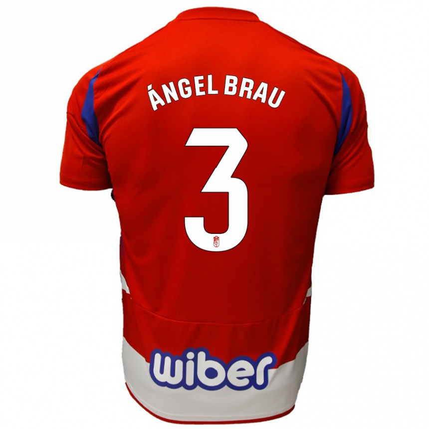 Enfant Football Maillot Miguel Ángel Brau #3 Rouge Blanc Bleu Tenues Domicile 2024/25