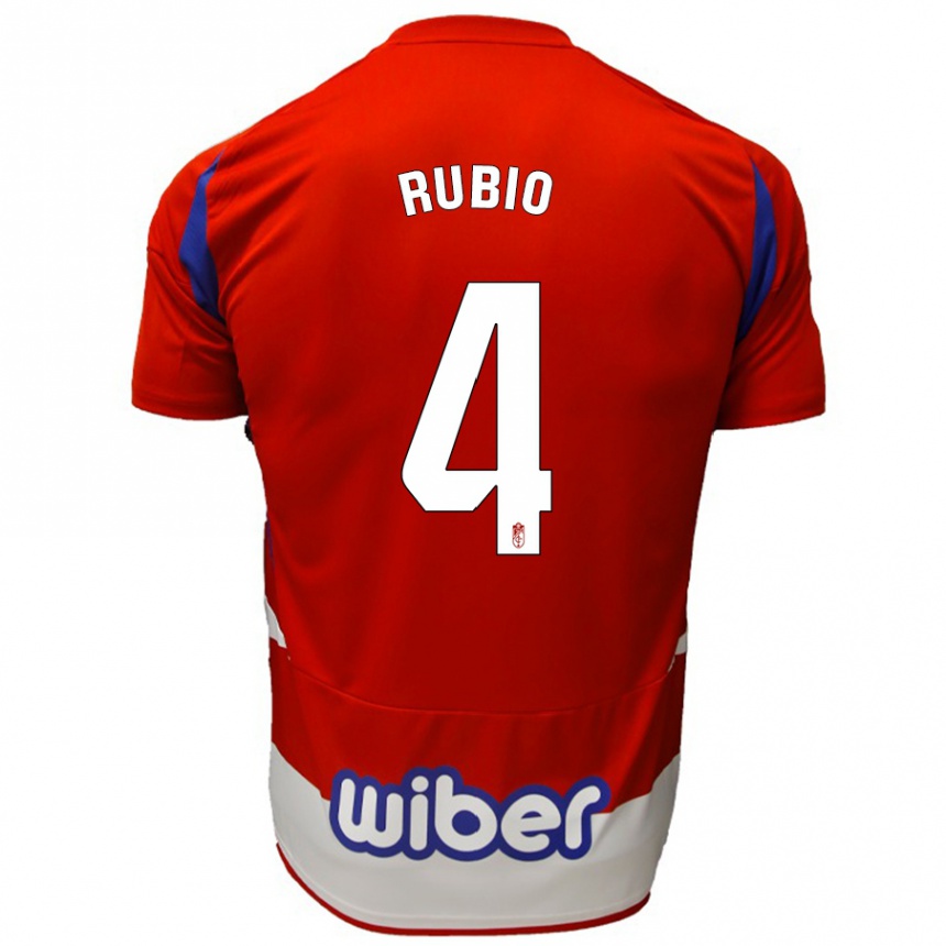 Enfant Football Maillot Miguel Rubio #4 Rouge Blanc Bleu Tenues Domicile 2024/25