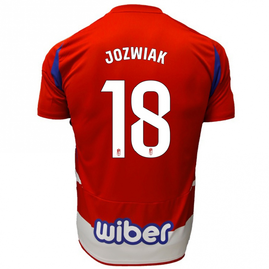 Enfant Football Maillot Kamil Józwiak #18 Rouge Blanc Bleu Tenues Domicile 2024/25