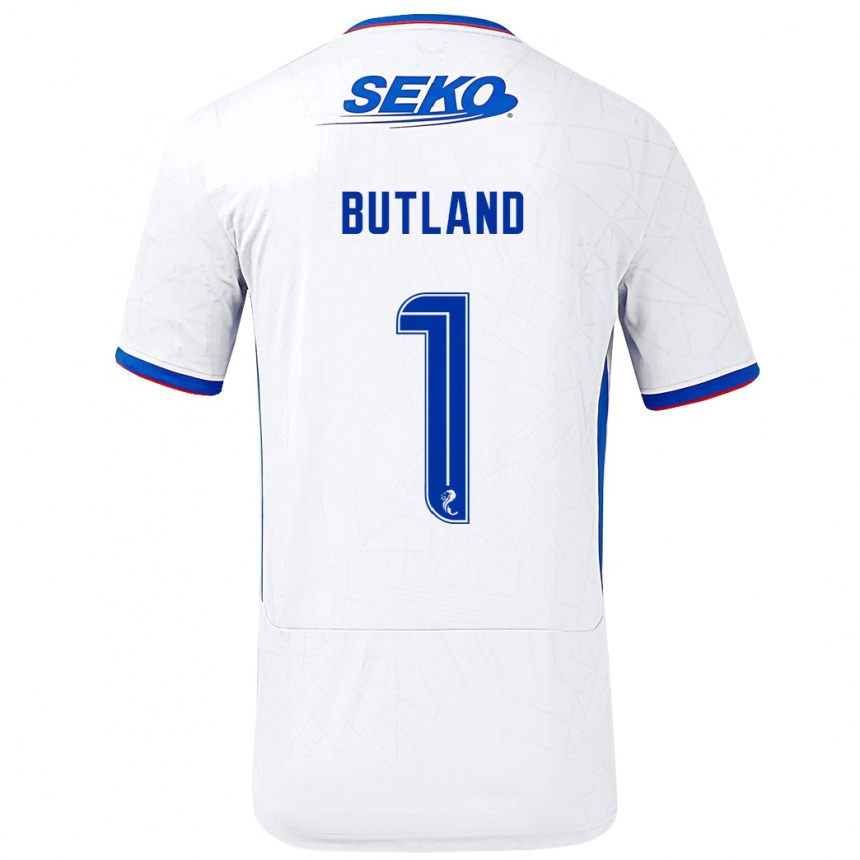 Enfant Football Maillot Jack Butland #1 Blanc Bleu Tenues Extérieur 2024/25