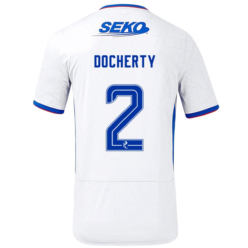 Enfant Football Maillot Nicola Docherty #2 Blanc Bleu Tenues Extérieur 2024/25