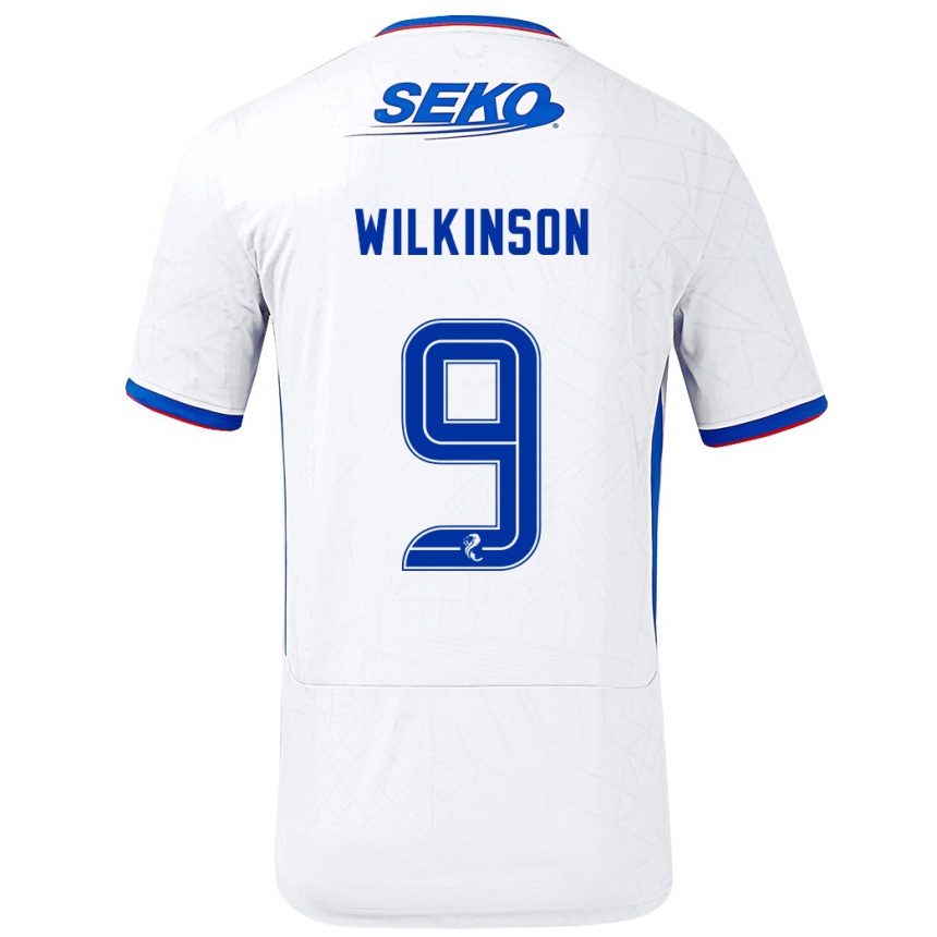 Enfant Football Maillot Katie Wilkinson #9 Blanc Bleu Tenues Extérieur 2024/25