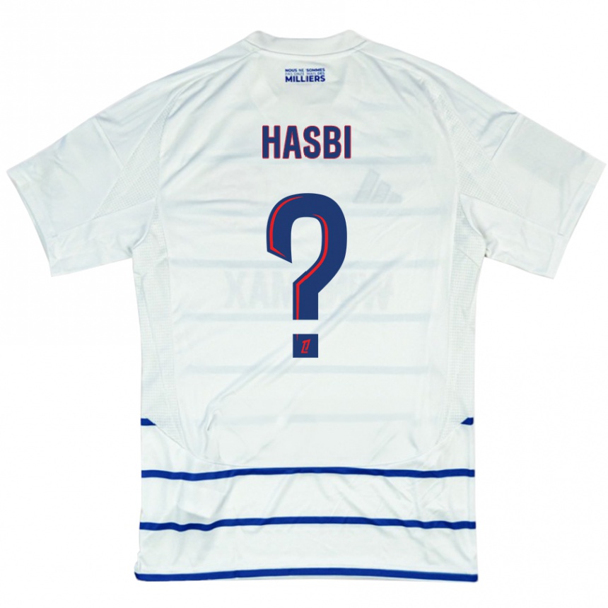 Enfant Football Maillot Walid Hasbi #0 Blanc Bleu Tenues Extérieur 2024/25