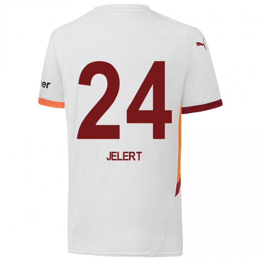 Enfant Football Maillot Elias Jelert #24 Blanc Jaune Rouge Tenues Extérieur 2024/25