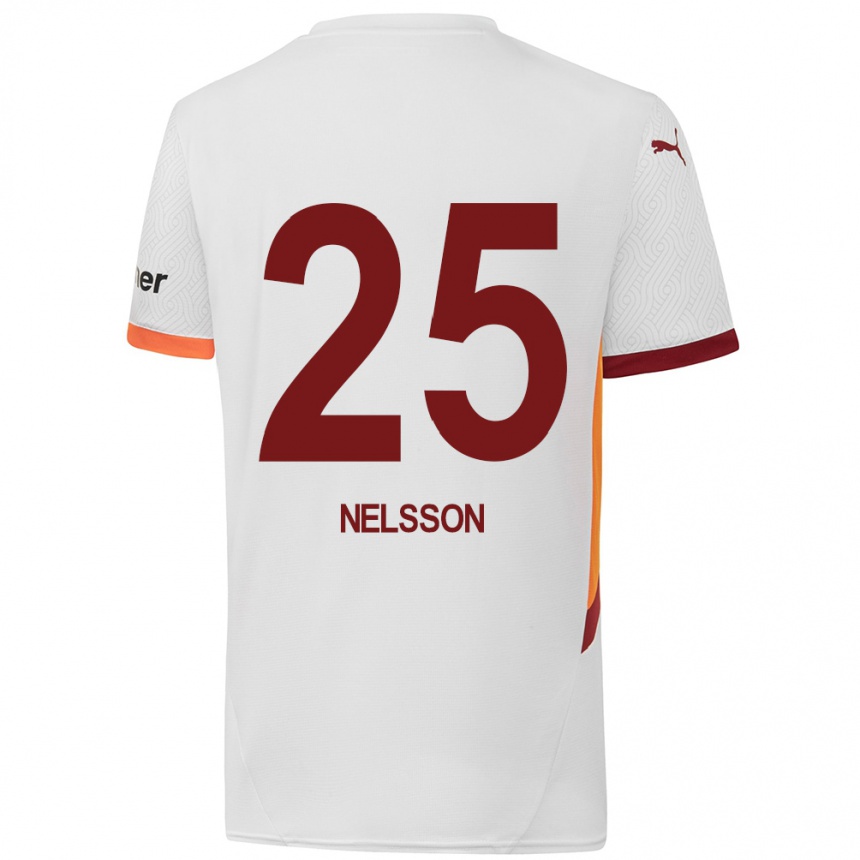 Enfant Football Maillot Victor Nelsson #25 Blanc Jaune Rouge Tenues Extérieur 2024/25