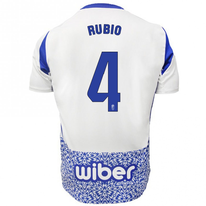 Enfant Football Maillot Miguel Rubio #4 Blanc Bleu Tenues Extérieur 2024/25