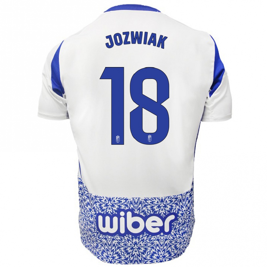 Enfant Football Maillot Kamil Józwiak #18 Blanc Bleu Tenues Extérieur 2024/25