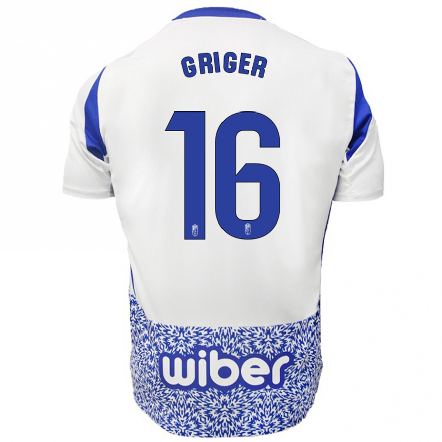 Enfant Football Maillot Adam Griger #16 Blanc Bleu Tenues Extérieur 2024/25