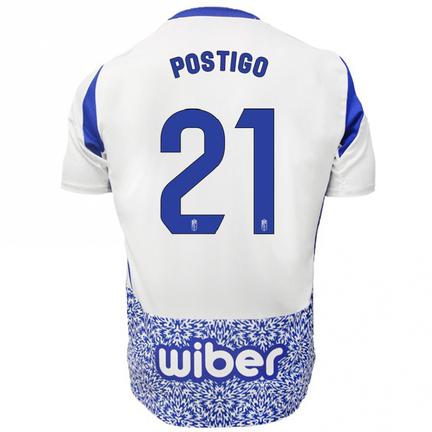 Enfant Football Maillot Postigo #21 Blanc Bleu Tenues Extérieur 2024/25