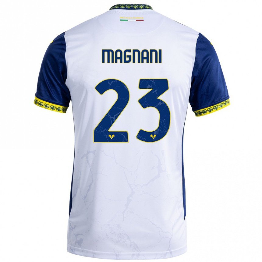 Enfant Football Maillot Giangiacomo Magnani #23 Blanc Bleu Tenues Extérieur 2024/25